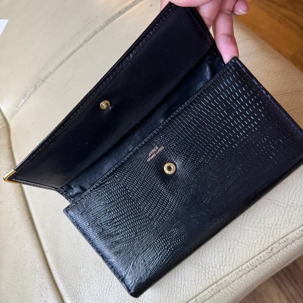 Mundi  VTG Black Lizard Embossed Leather Checkbook Wallet Kiss Lock Coin Purse